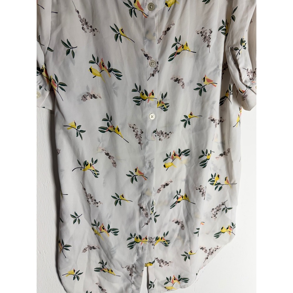 Loft Womens XS Yellow Bird Print Button Down Blouse Short Sleeve Split Back Top
